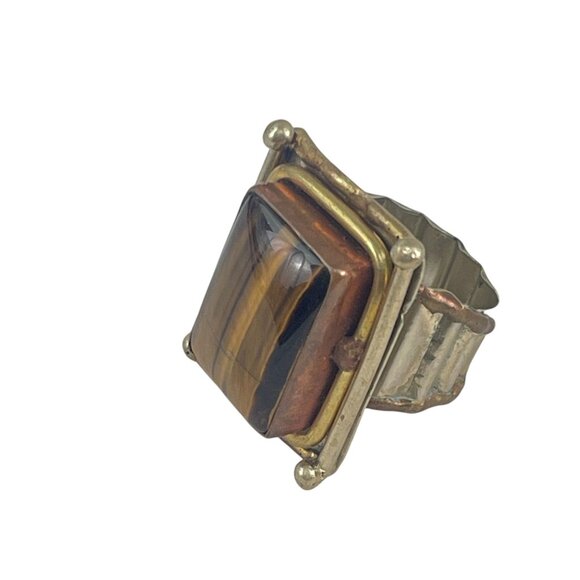 Vintage Gold-Plated Statement Ring With Rectangular Tigers Eye Gemstone & Adjust - Picture 4 of 9